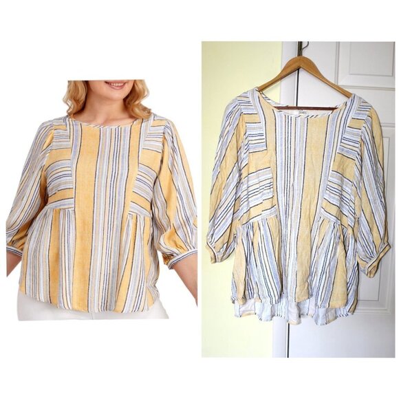 Ava James Striped Cotton & linen blend yellow Boho Blouse Size 1X Puff Sleeves - Picture 1 of 11